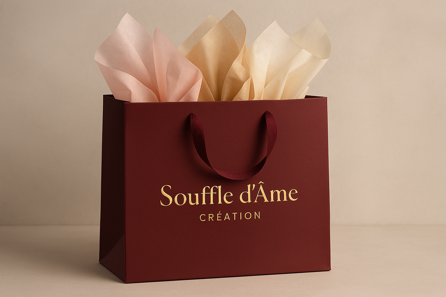 un sac cadeau avec le nom de souffle d'âme création couleur or écrit dessus en sac couleur bordeau. et papier de soie apparaissant de l'interieur.